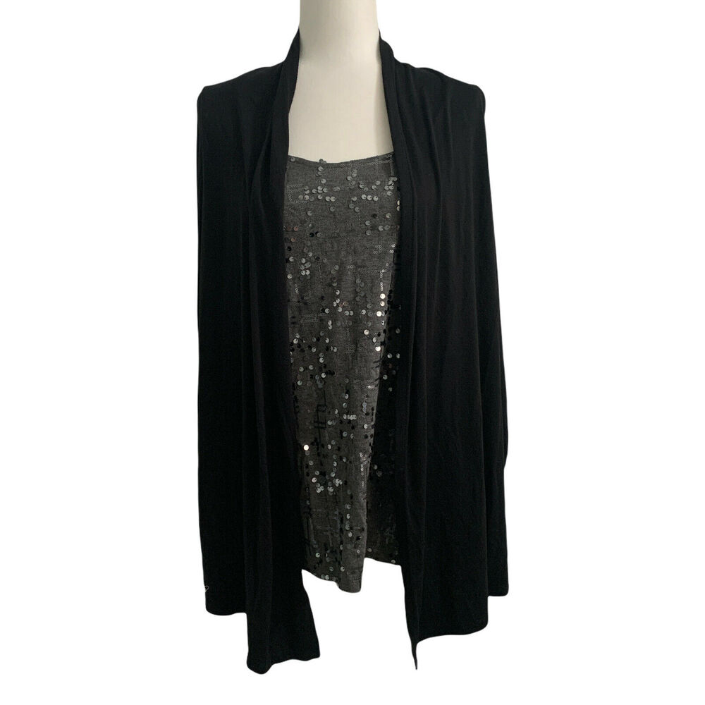 Womens Top Blouse Cardigan Style Large Gray Black Pullover Sequin Long Sleeve